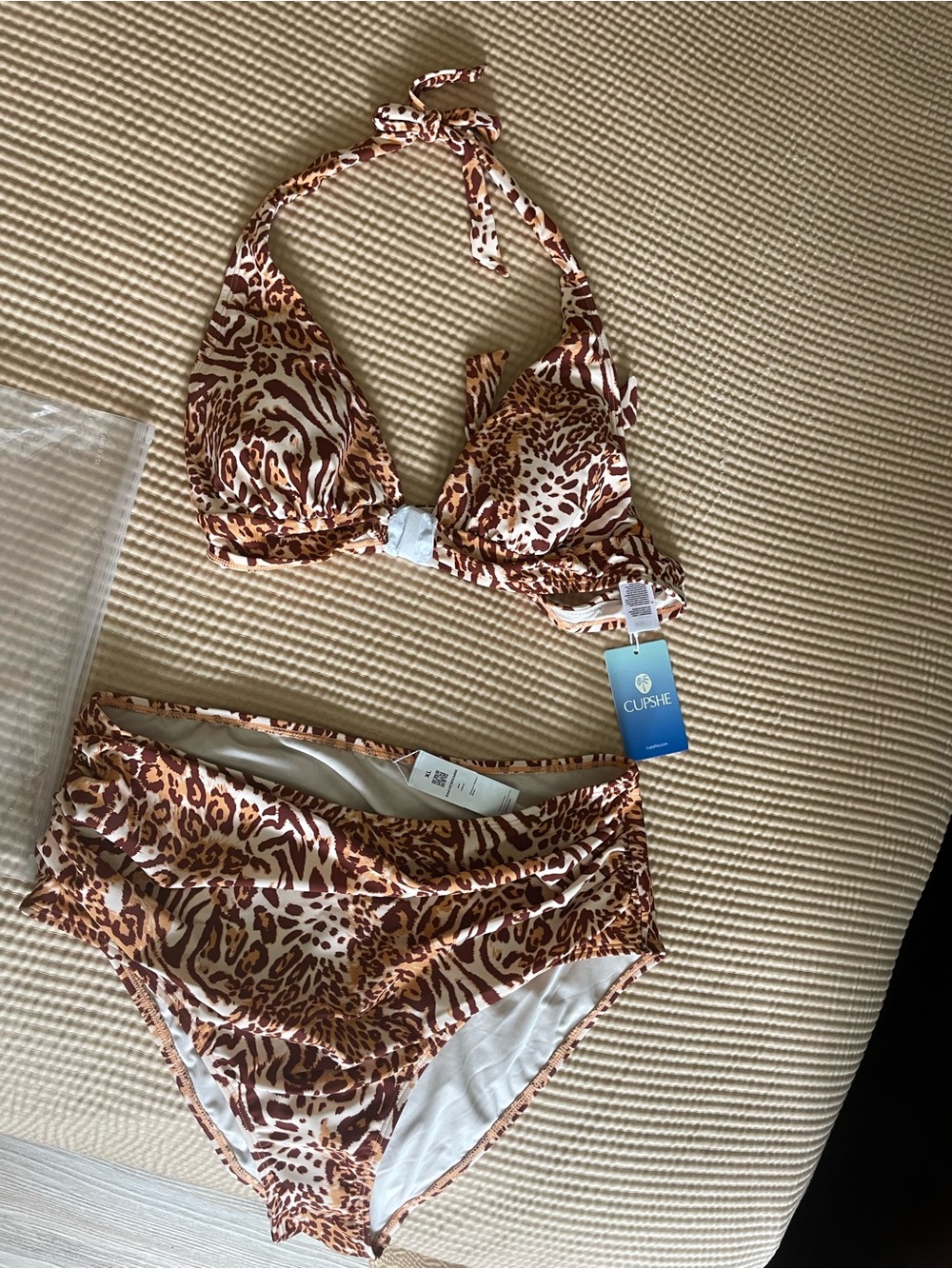 Cupshe Brown and Cream Leopard Print High-Waist Bikini Set